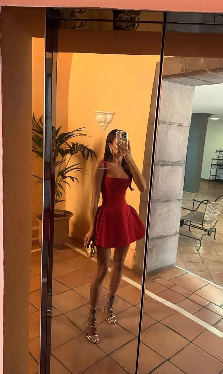 Luolandi Wine red square neck mini dress sexy high waisted party dress Homecoming Dress